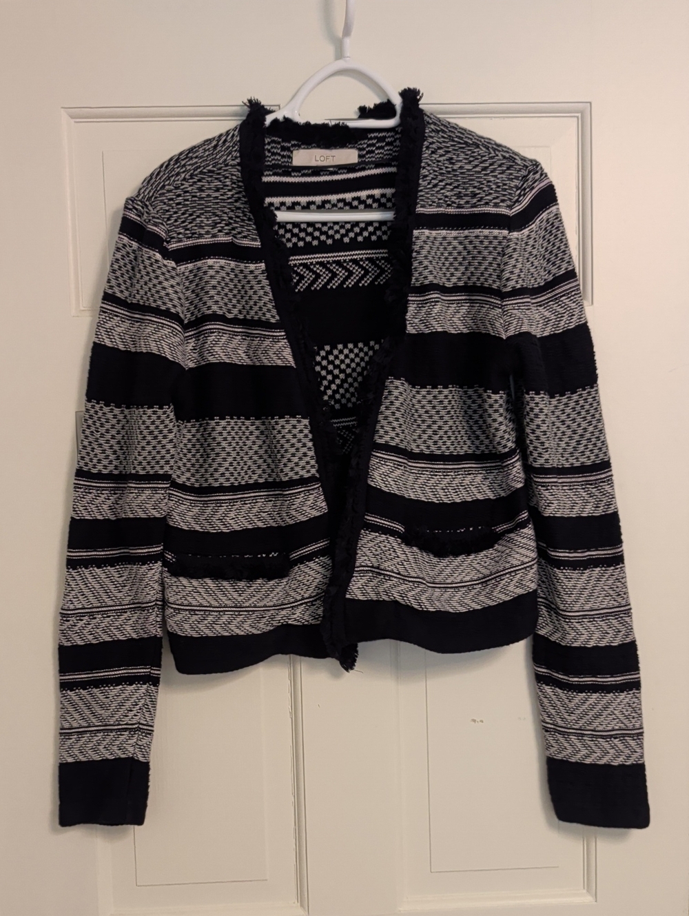 LOFT Navy & White Striped Fringe-Trim Open Cardigan